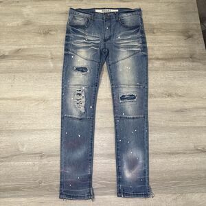 Rebel R3bêl Denim Jeans Men's Blue Distressed Paint Splatter Slim Fit 32x31